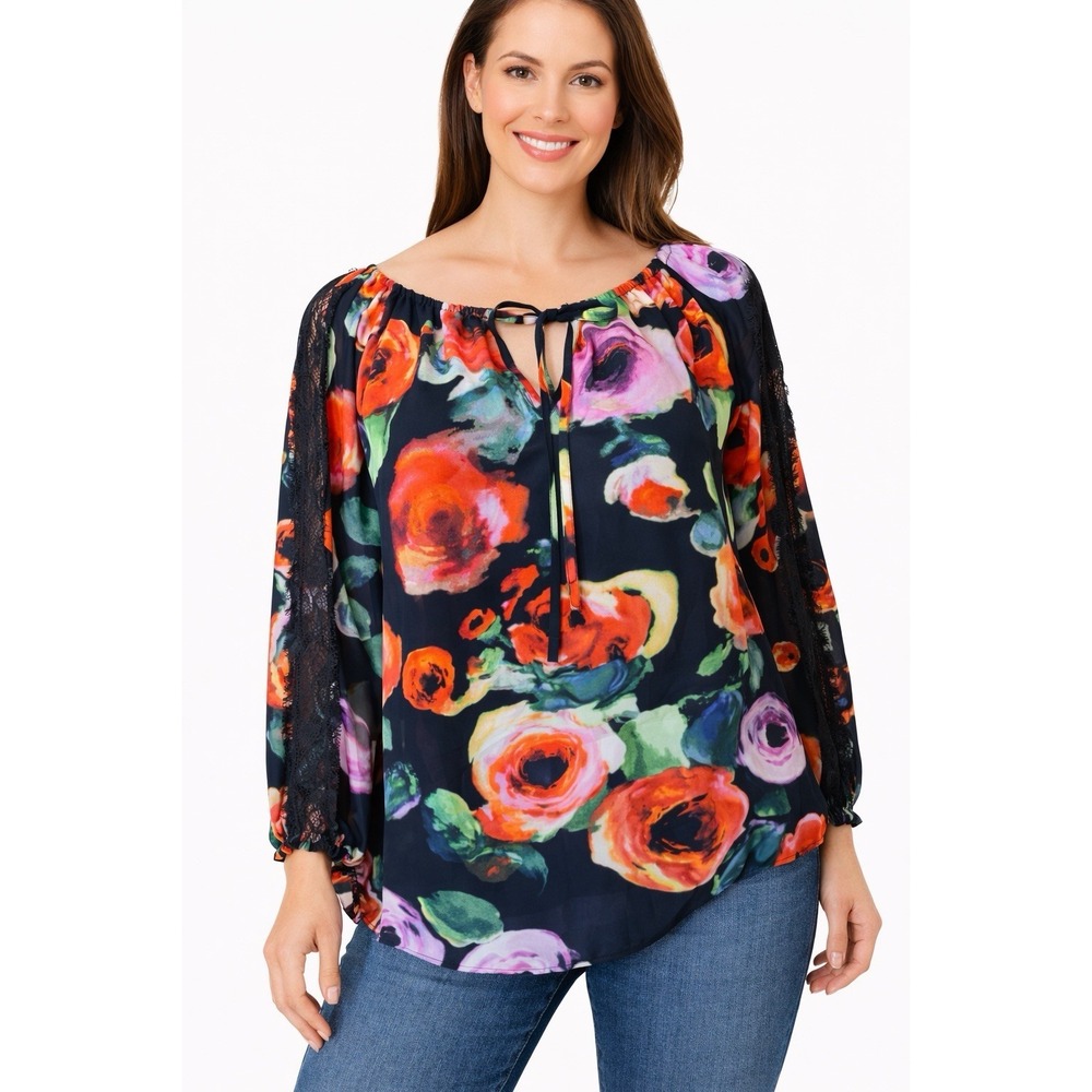 EST. 1946 Floral Blouse Womens Size L Boho Peasant Tie Neck Long Sleeve